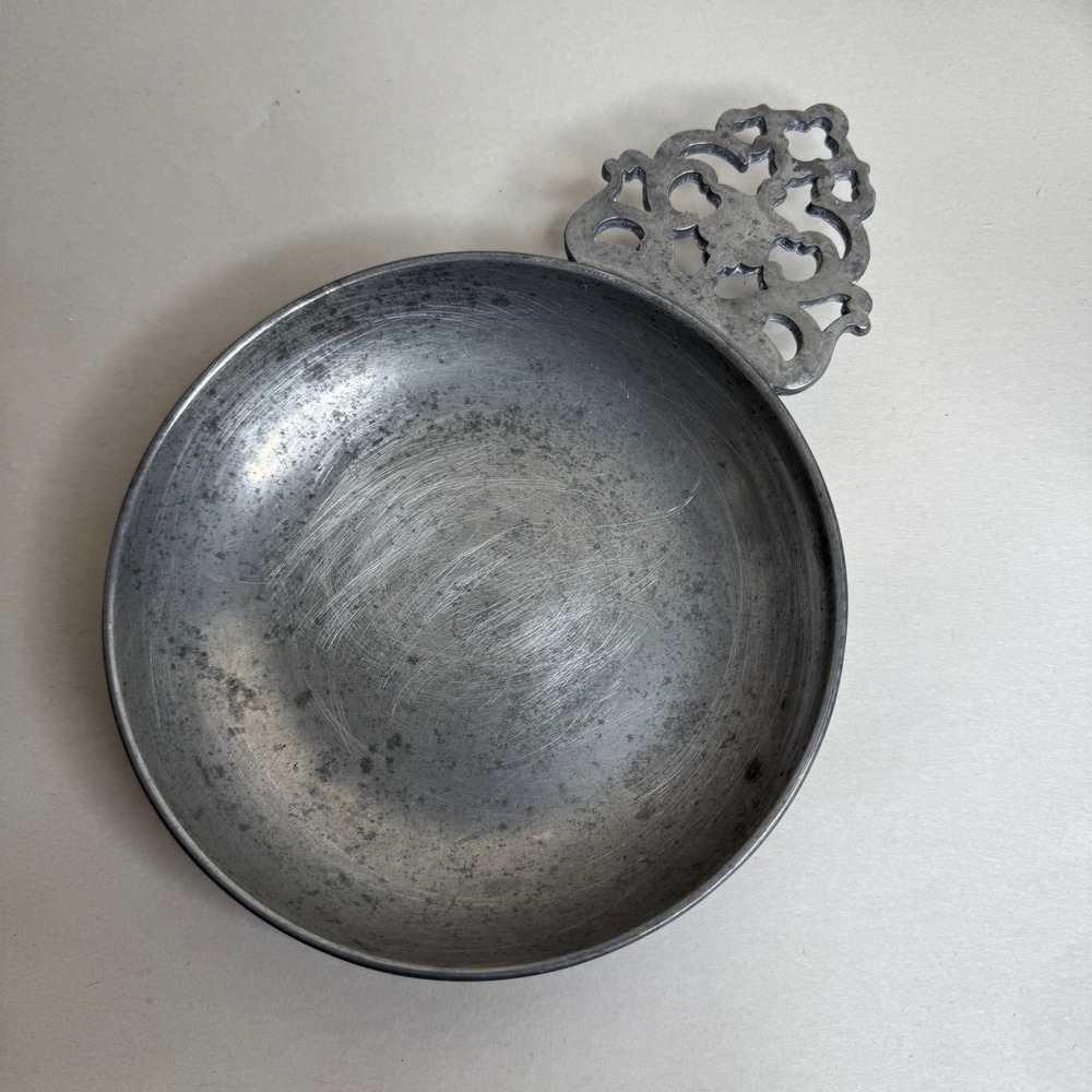 Vintage Stede Pewter Porringer Bowl with Pierced Handle Horse Logo Hallmarked